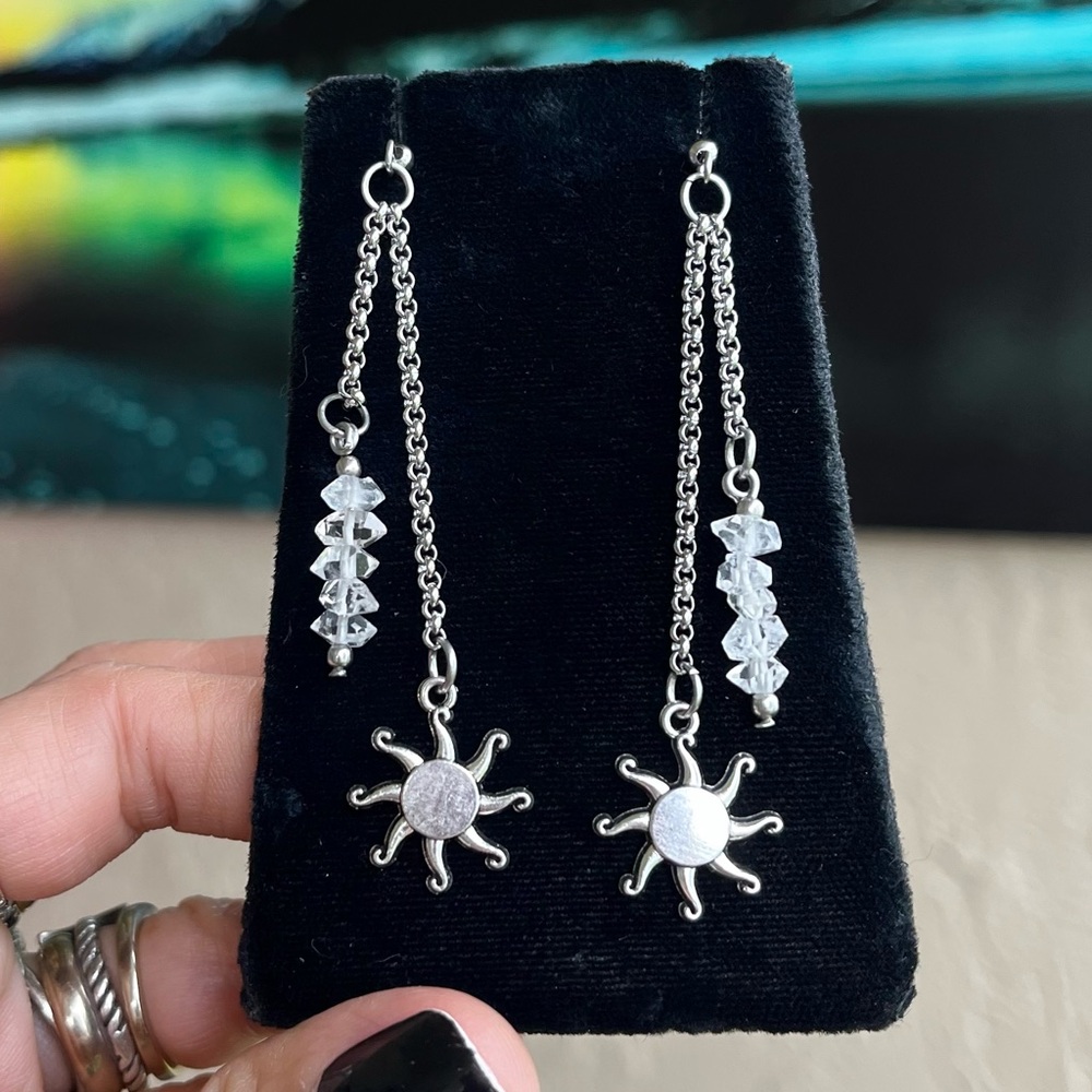 Herkimer diamonds crystal sun charm earrings stainless steel post & chains boho - Picture 2 of 7
